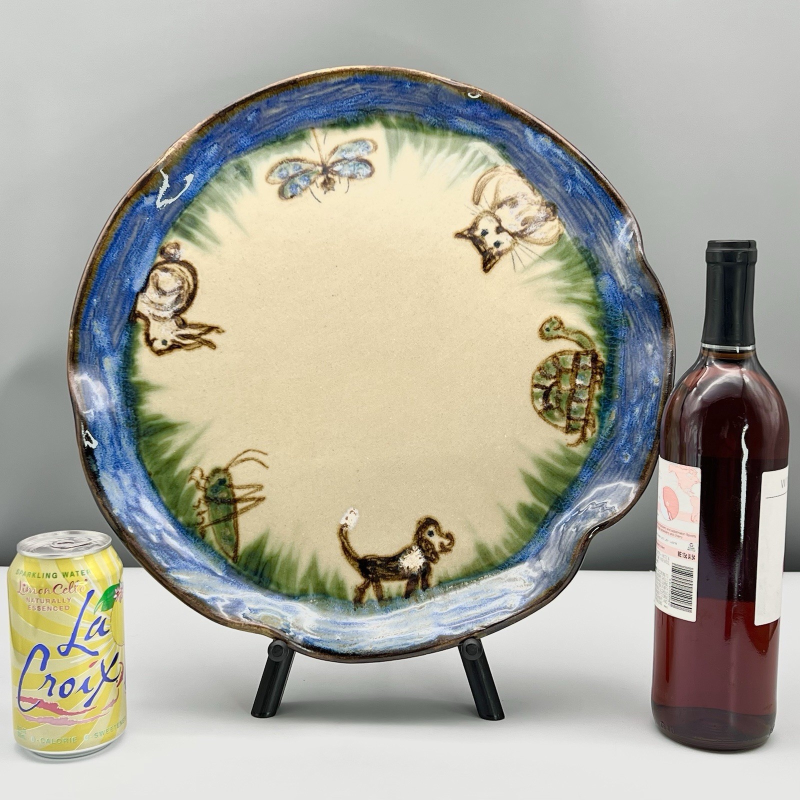 Janet Resnik HUGE 15.25″ LAZY SUSAN PLATTER Country Animals STUDIO ART POTTERY