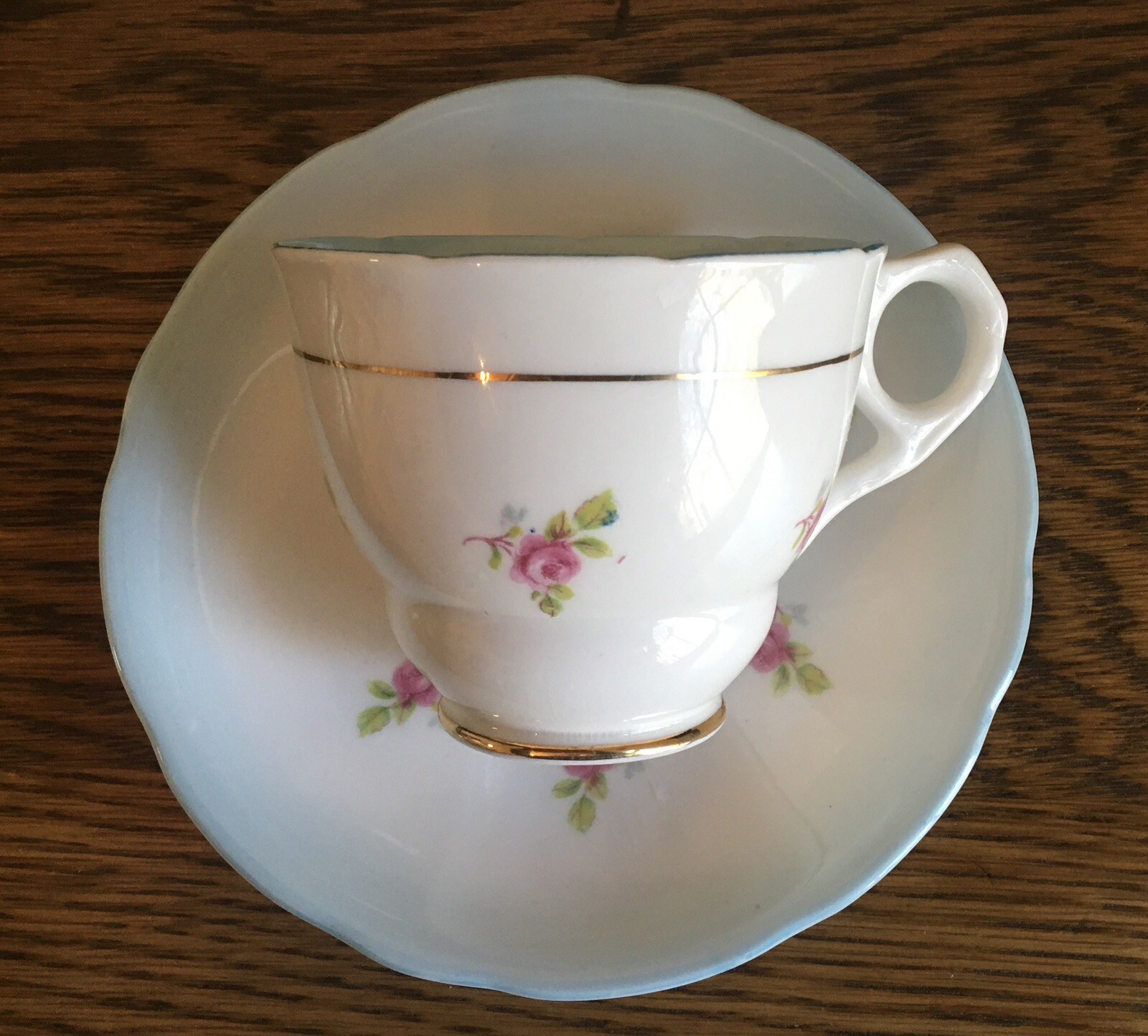 Royal Stafford Roses Pale Blue Teacup Saucer Bone China Gold Trim England 1940s