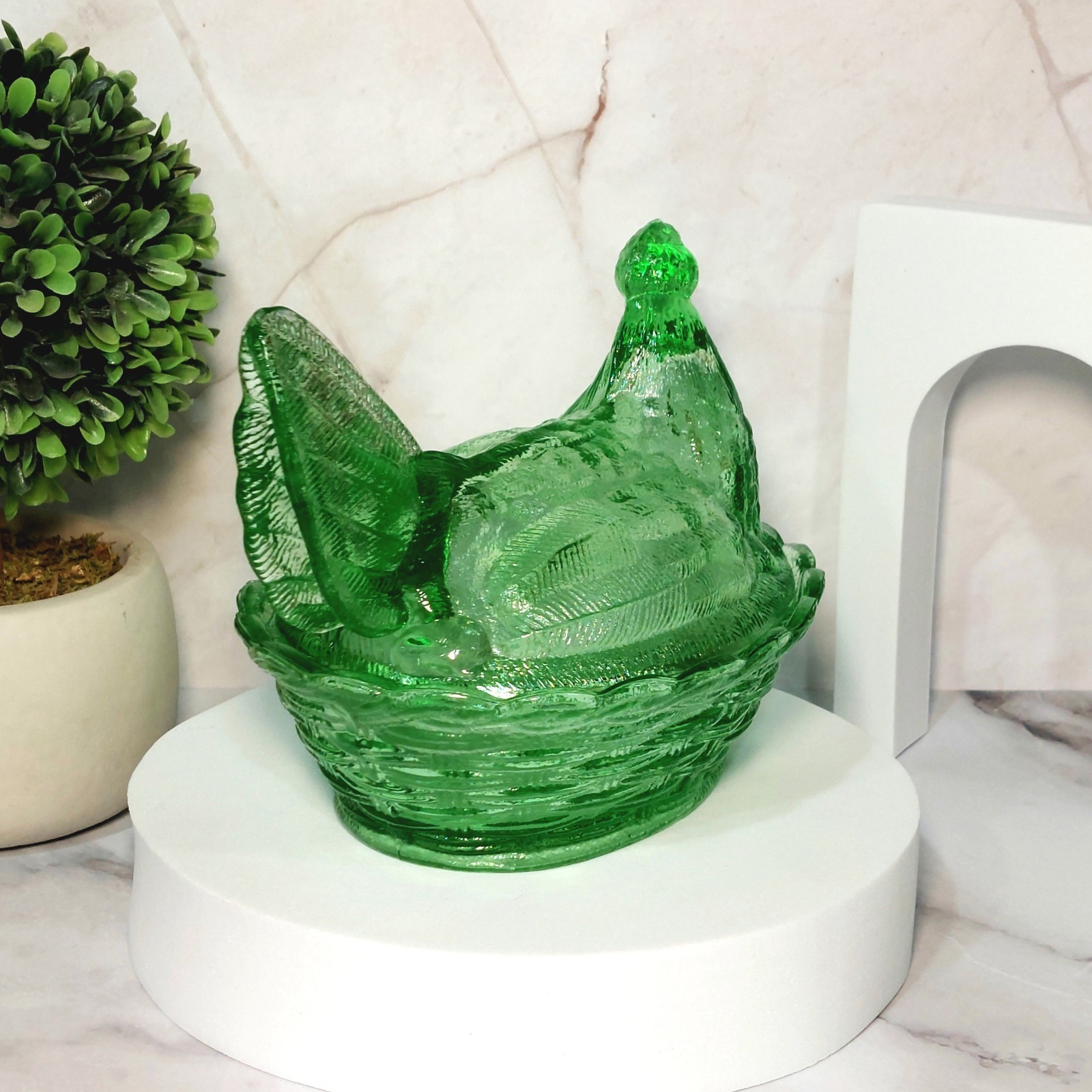 Hen on Nest Chicken Green Depression Style Glass Candy Dish, Vintage Style Decor