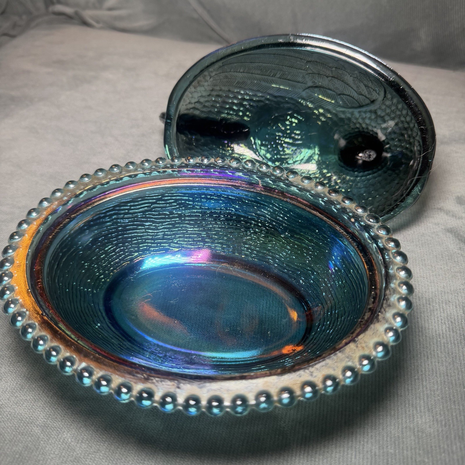 VTG Indiana Hen On a Nest Beaded Candy Dish 7″ Iridescent Blue Carnival Glass