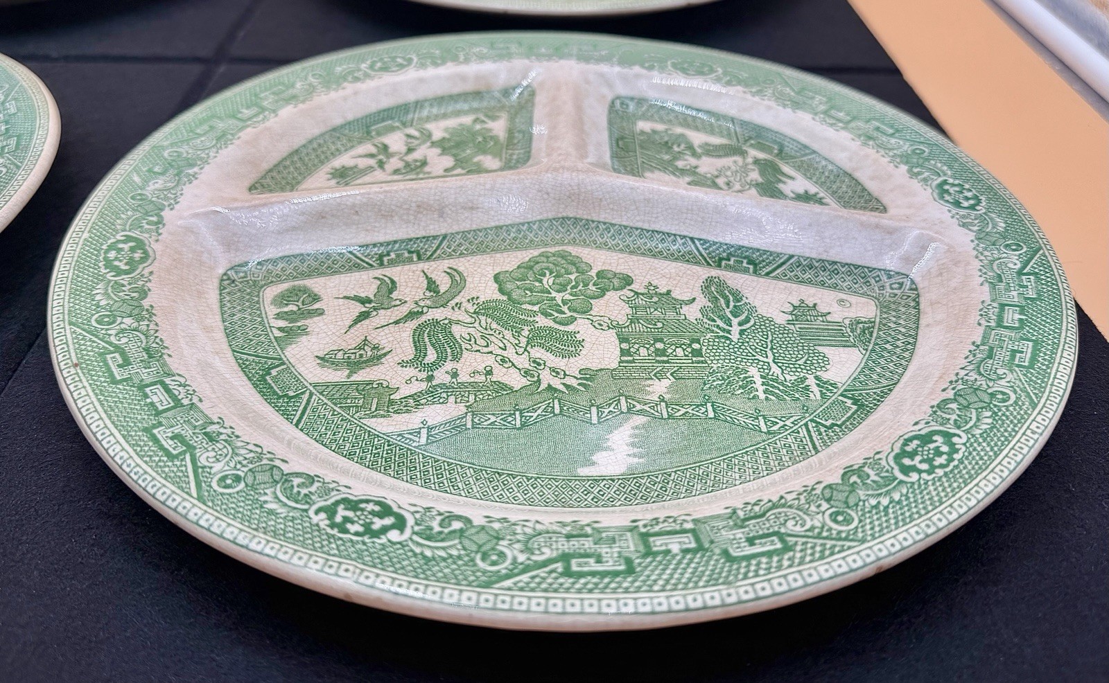 Vintage Romarco Ware Green Willow Divided Grill Plate 1950’s England (4 Pcs)