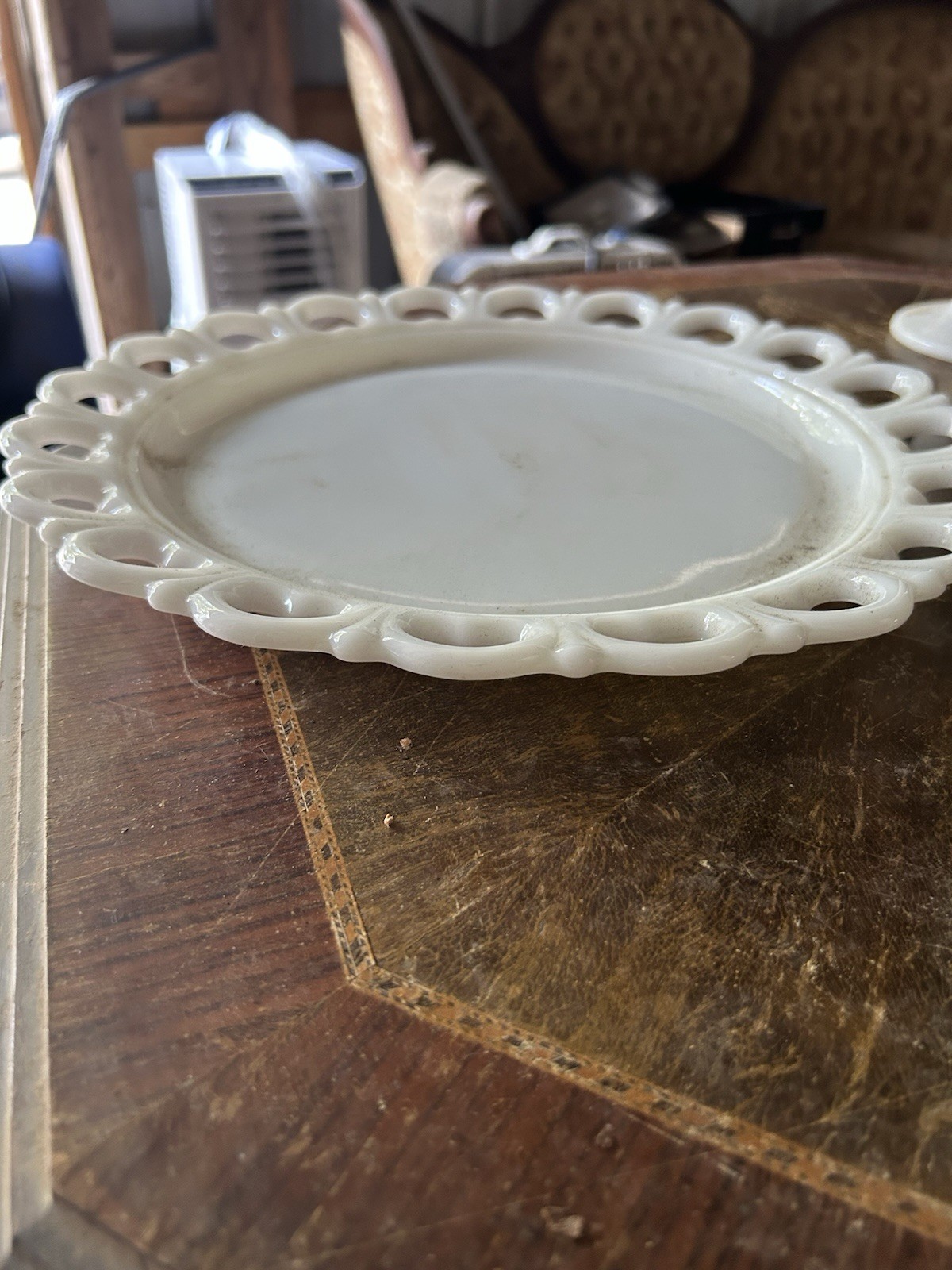 White Milk Glass Round Platter, Openwork Heart Lace Rim, Glossy Finish