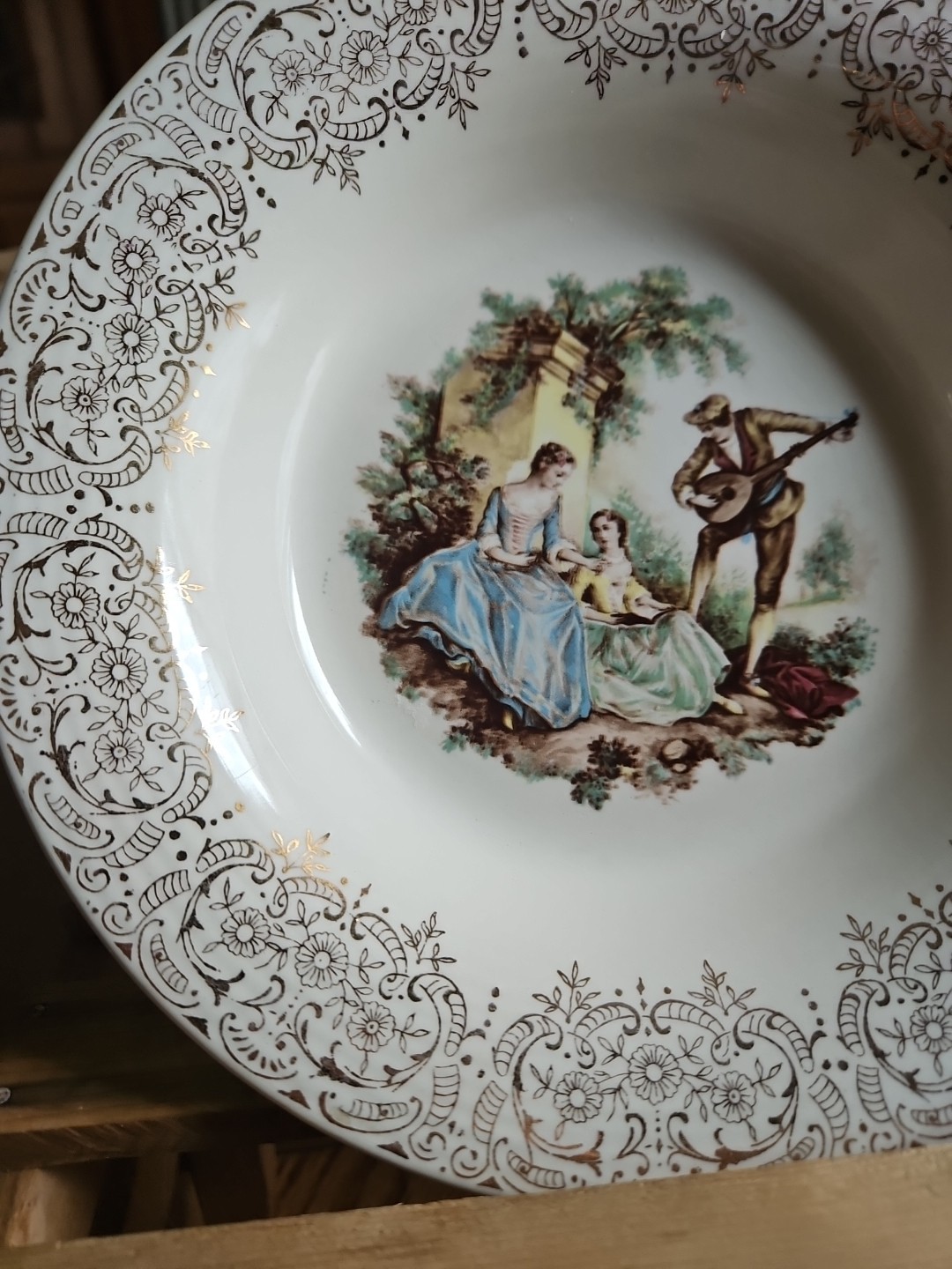 American Limoges Courting Scene Triumph China 22k Gold Trim Soup Bowl 8.25″