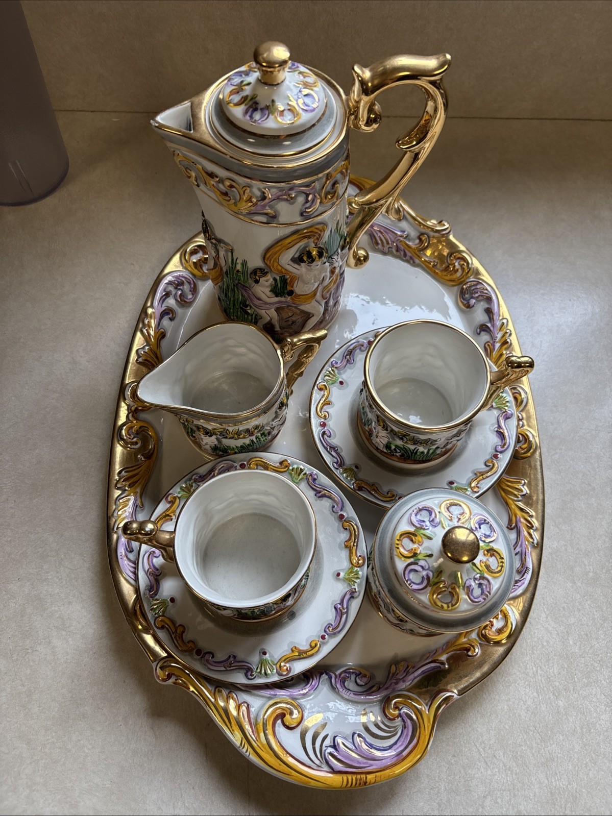 Vintage Elpa Alcobaca Cherubs Porcelain 2 Person Coffee/Tea Set & Tray Portugal