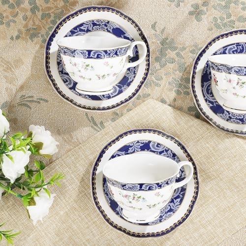 Bone China Tea Sets for Adults, 21-Piece Blue Lace and Roses Blue and Roses