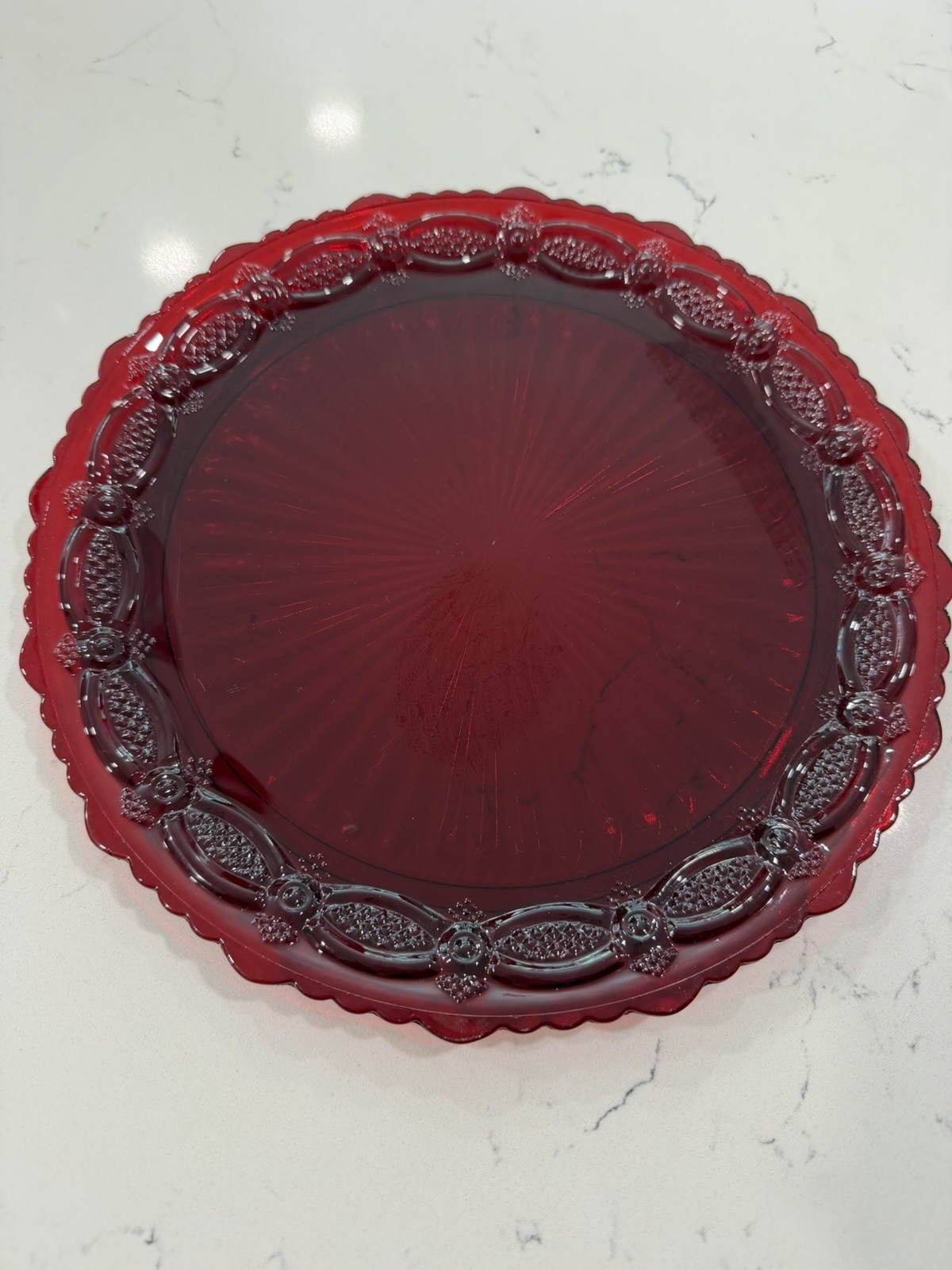 Vintage Avon Ruby Red Glass Serving Plate 10” Scalloped Border Decor