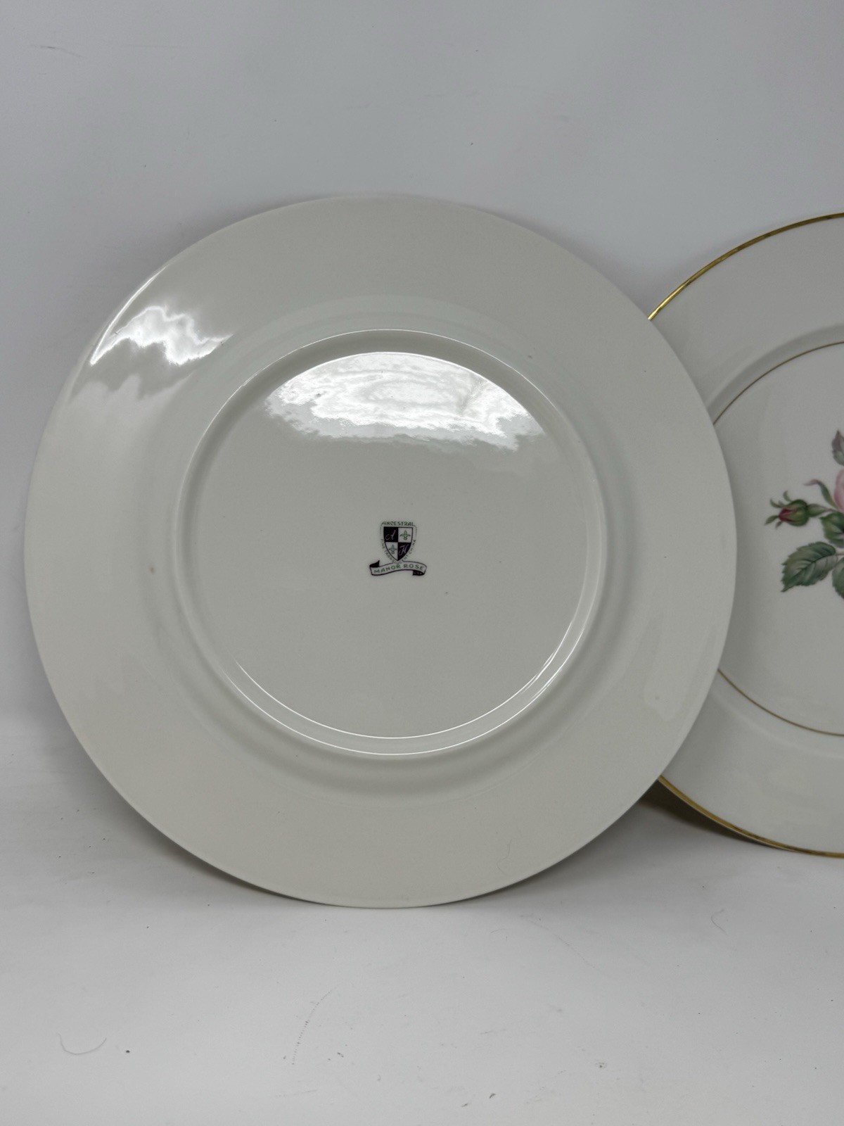 2 Ancestral USA China Manor Rose Dinner Plates rose floral gold trim GUC elegant