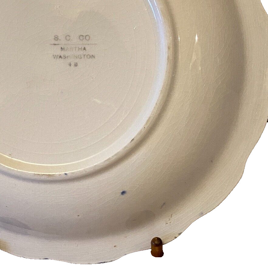 Vintage S.C. Co/Martha Washington BLUE FLOW & WHITE 9″ Bowl Embossed Gold Trim