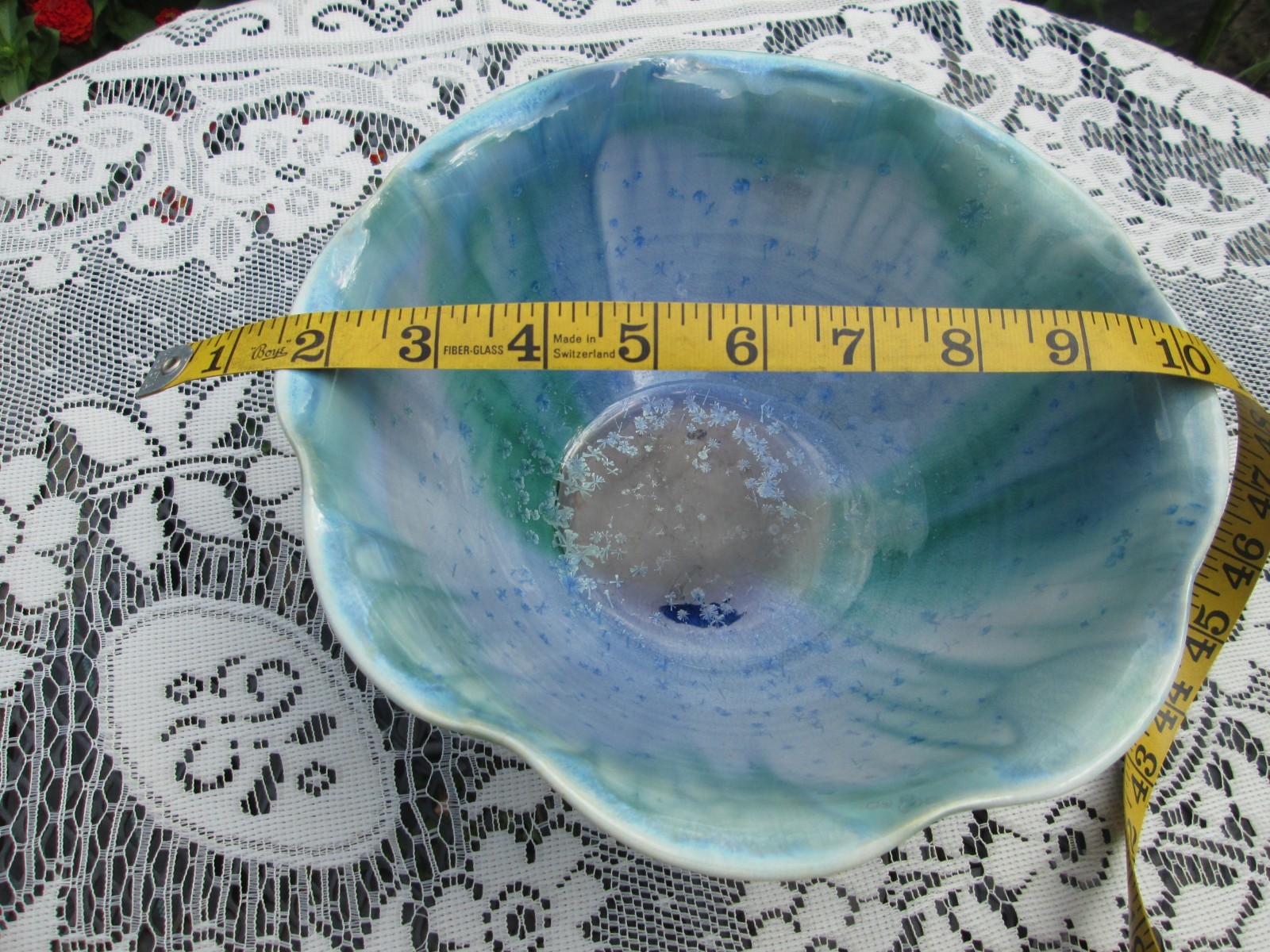Edgecomb Potters Turquoise blue Scalloped Bowl Pottery Crystalline drip Glaze 9″