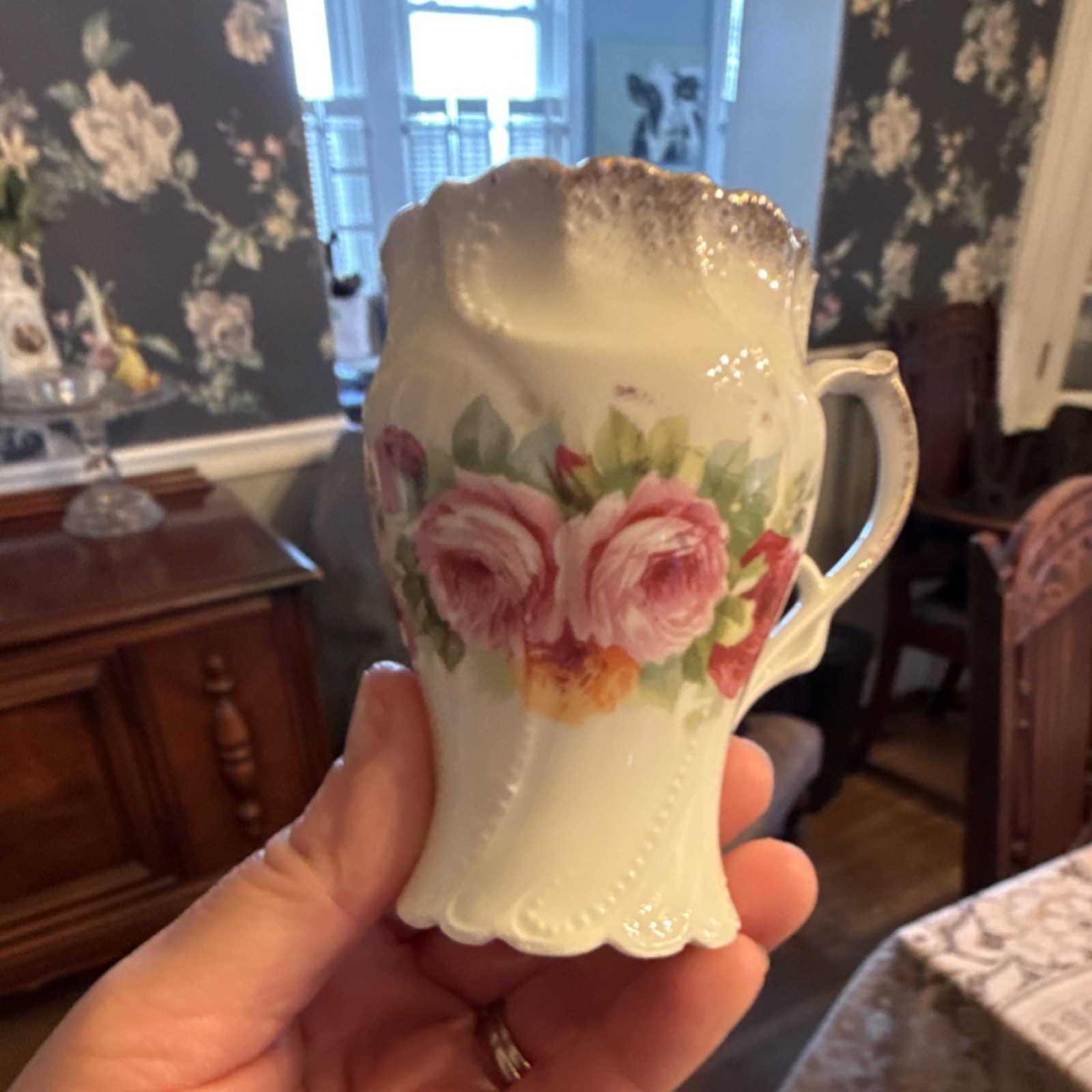 G.E. RANT Porcelain Floral Tea Set, 6 Cups & Pot, White Pink Green, Glossy