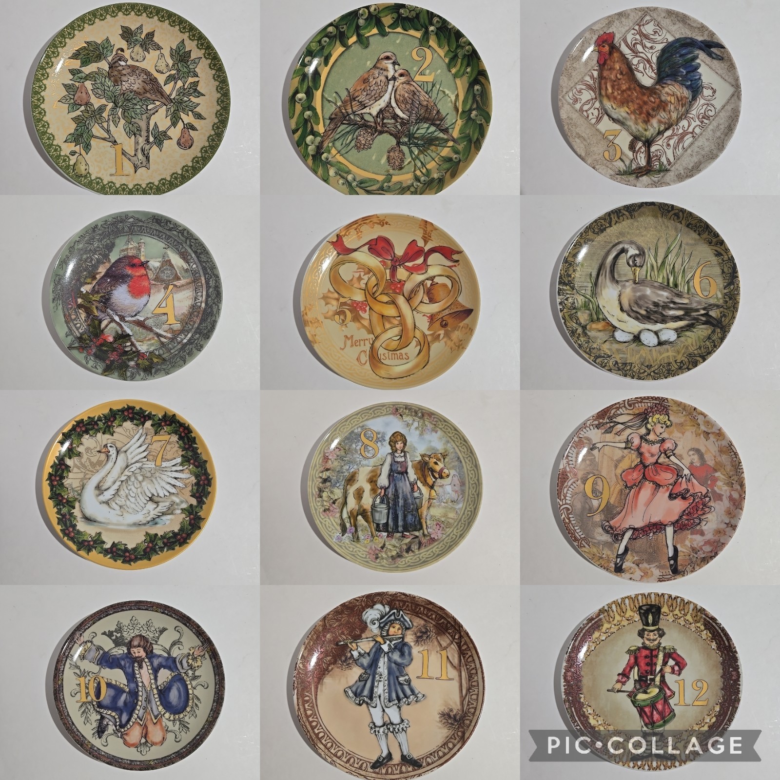 Pottery Barn 12 Days of Christmas Holiday Plates Desert Salad Complete Set