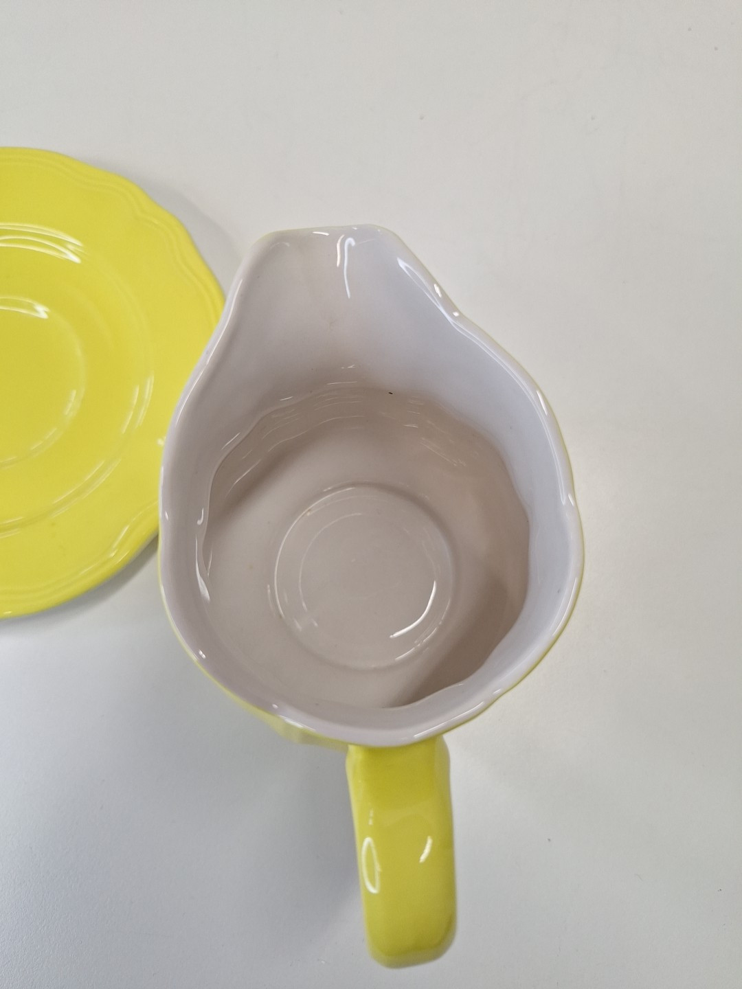 Ironstone Japan Yellow Ceramic Creamer Pitcher w Saucer Plate 4.5″H x 5.5″W