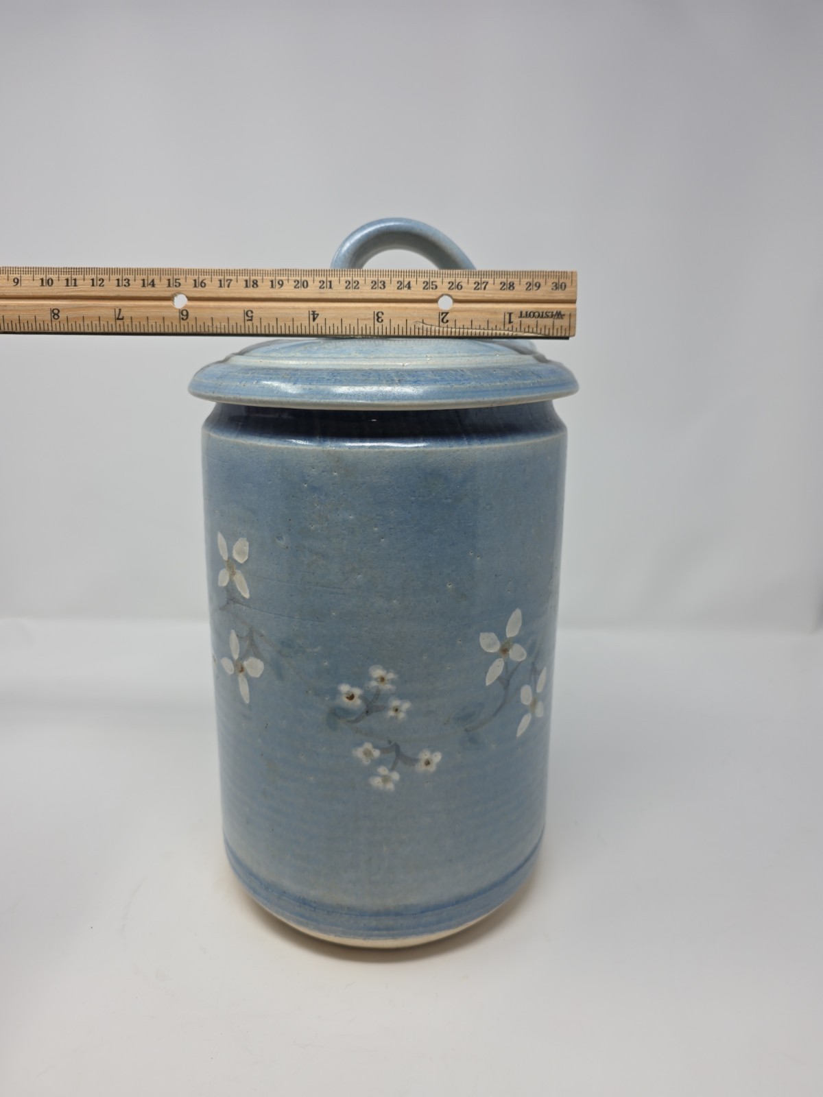 Floral Blue Pottery Jar Stoneware Studio Pottery Crock 12″ Tall 6″ Diameter