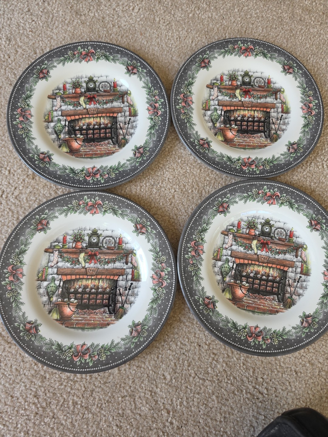 4ct Royal Stafford Salad Plate Christmas Eve Holiday Fireplace Hearth 1791 Set