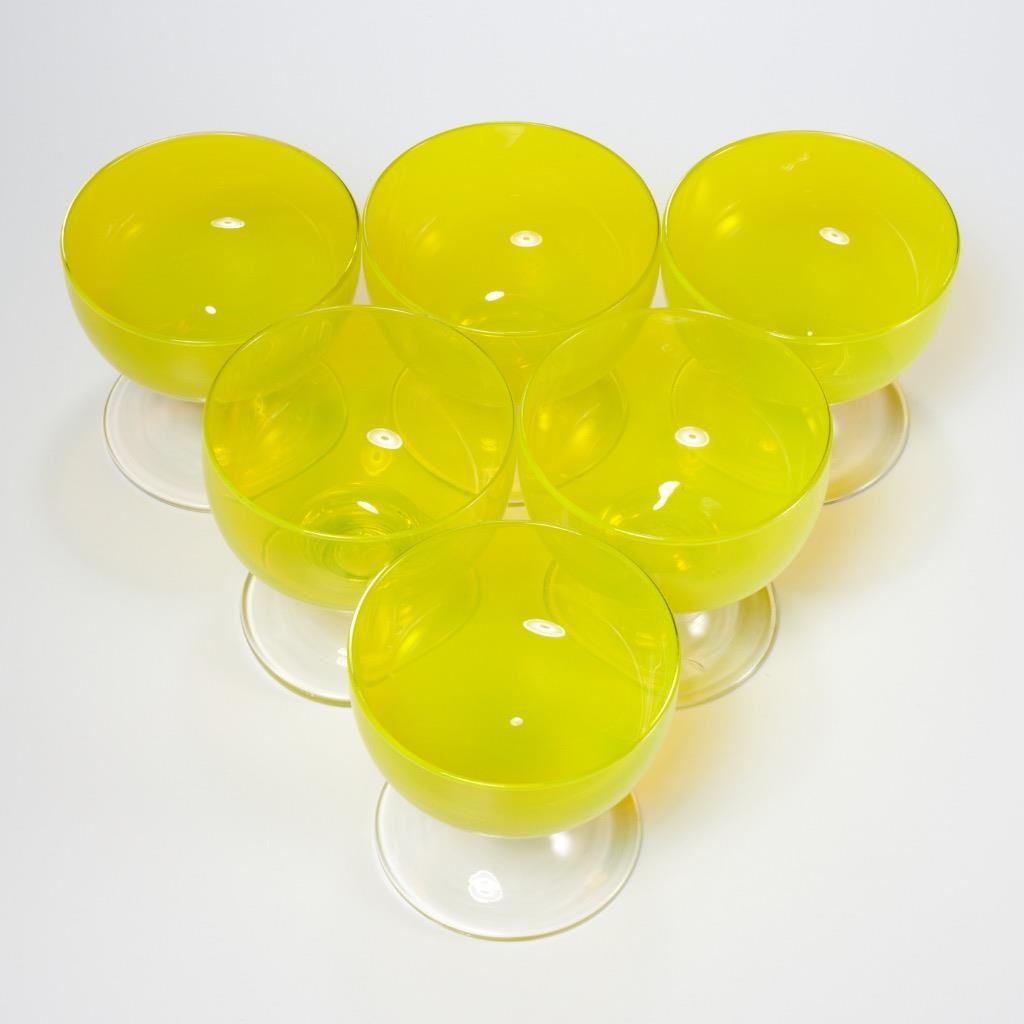 Canary Lemon Yellow Footed Glass Pedestal Dessert Dessert Bowl 6 pc Lot 3.5″h