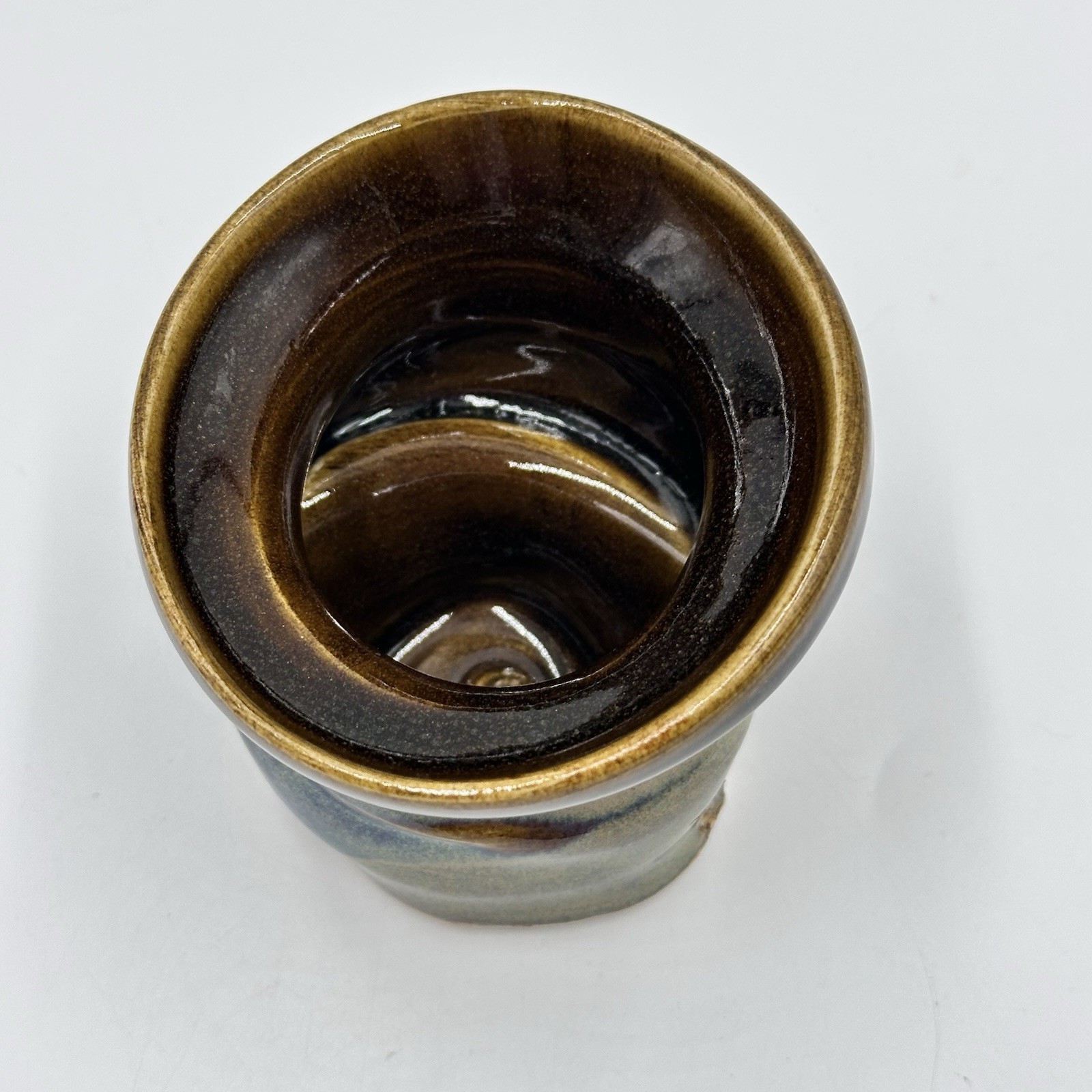 Studio Art Asymmetrical Warped Pottery Cup Blue Drip Glazed Artist Initialed