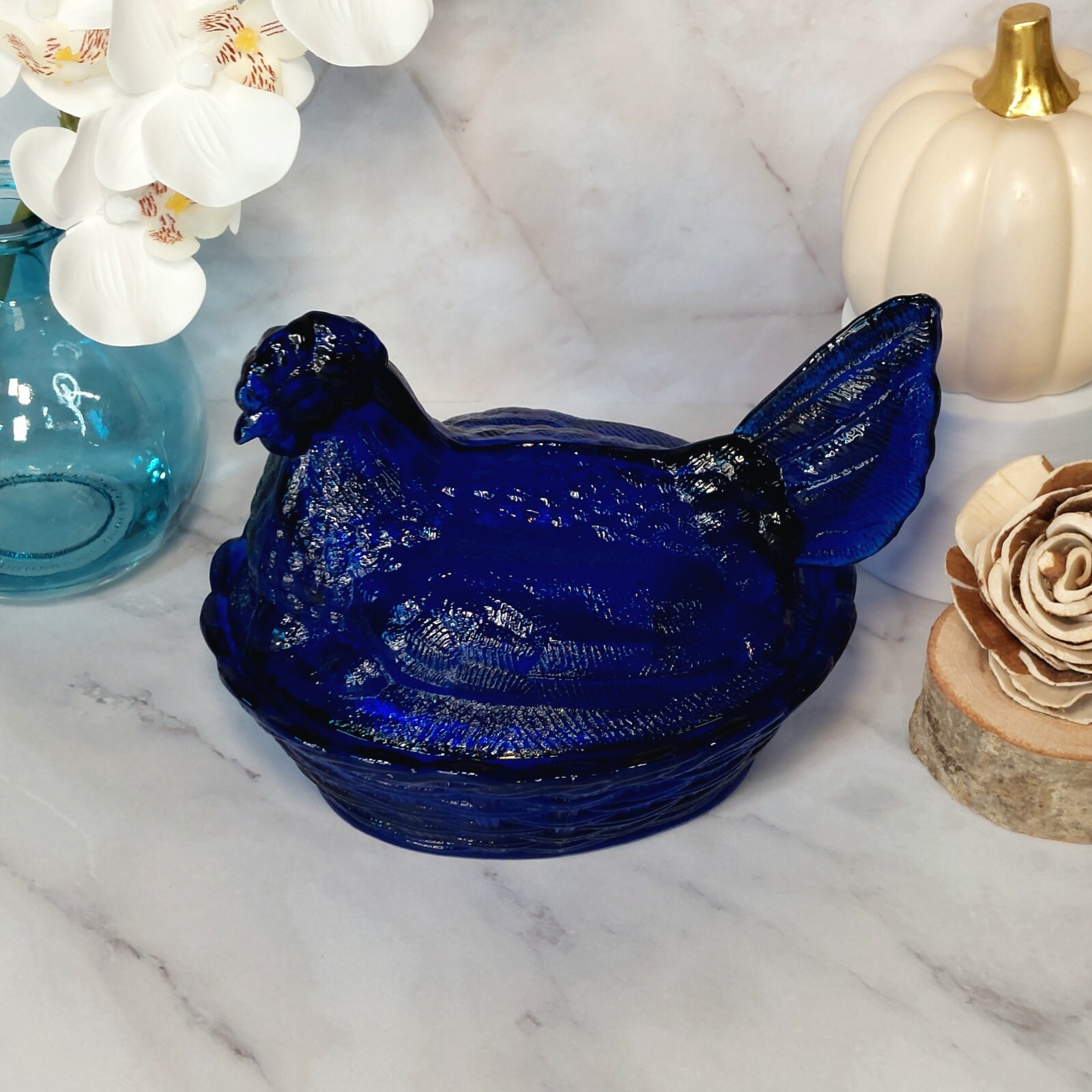 Hen on Nest Chicken Cobalt Blue Glass Depression Style Candy Dish, Vintage Style