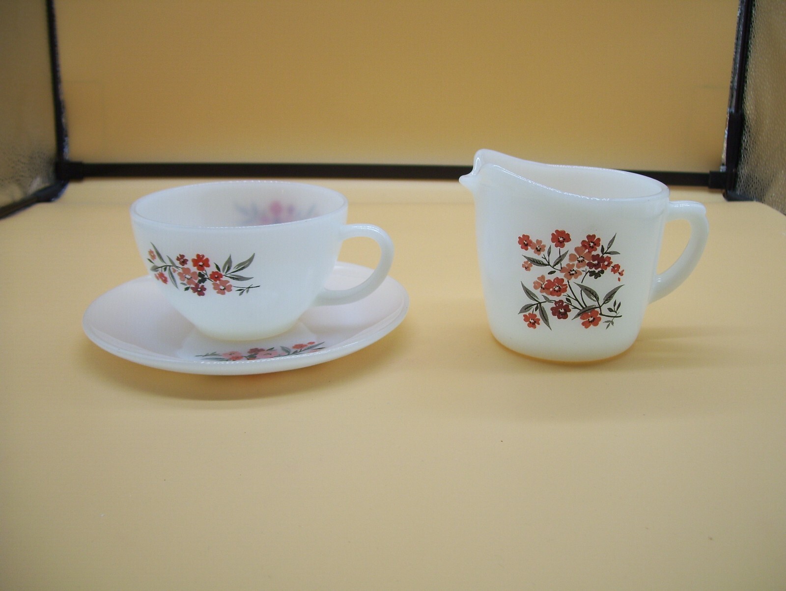 Vintage Fire King Primrose Milk Glass Coffee Cup Saucer Plate & Creamer Pitcher