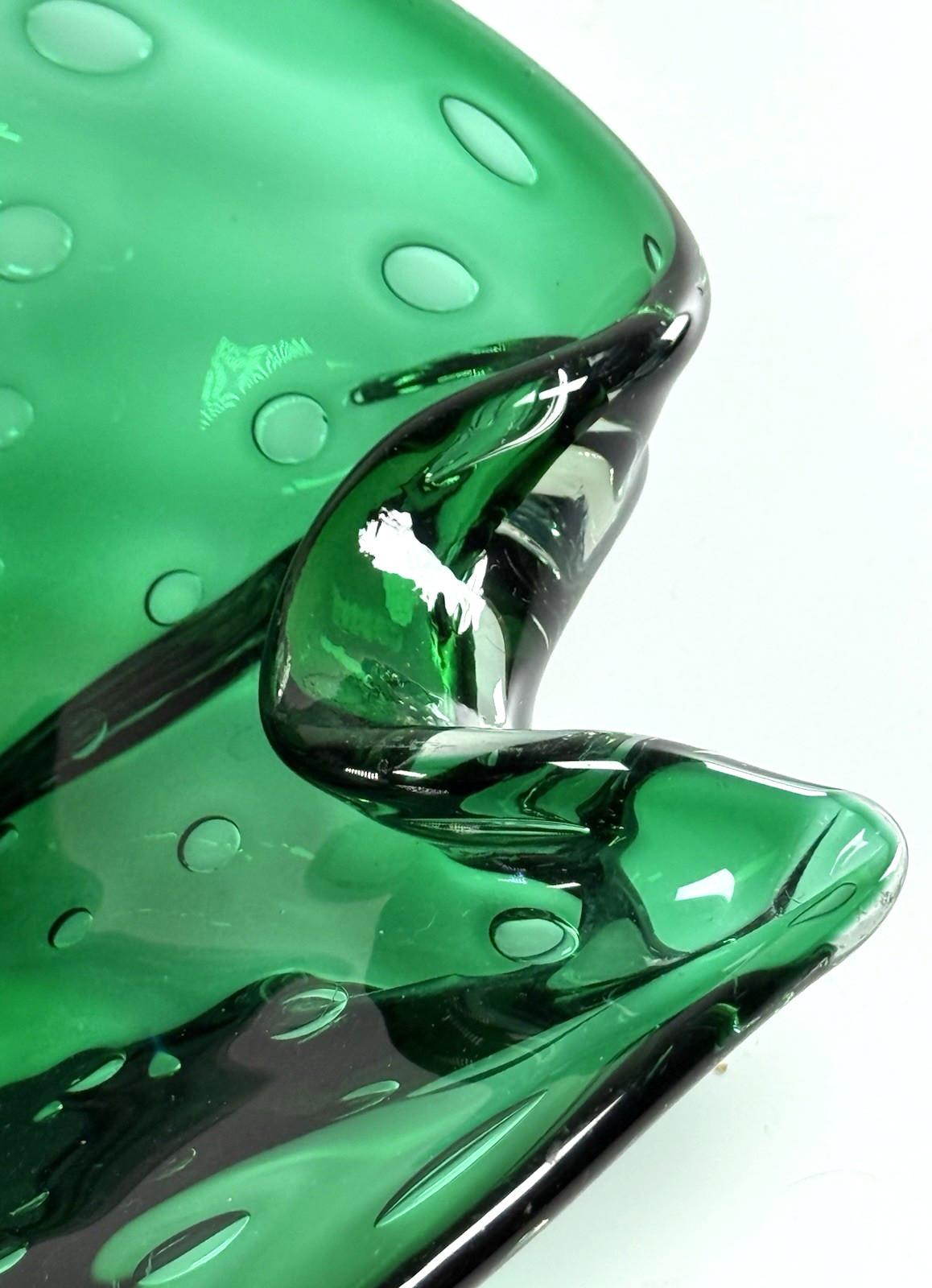 Hand Blown Controlled Bubble Dark Green Thick Glass Decor Bowl