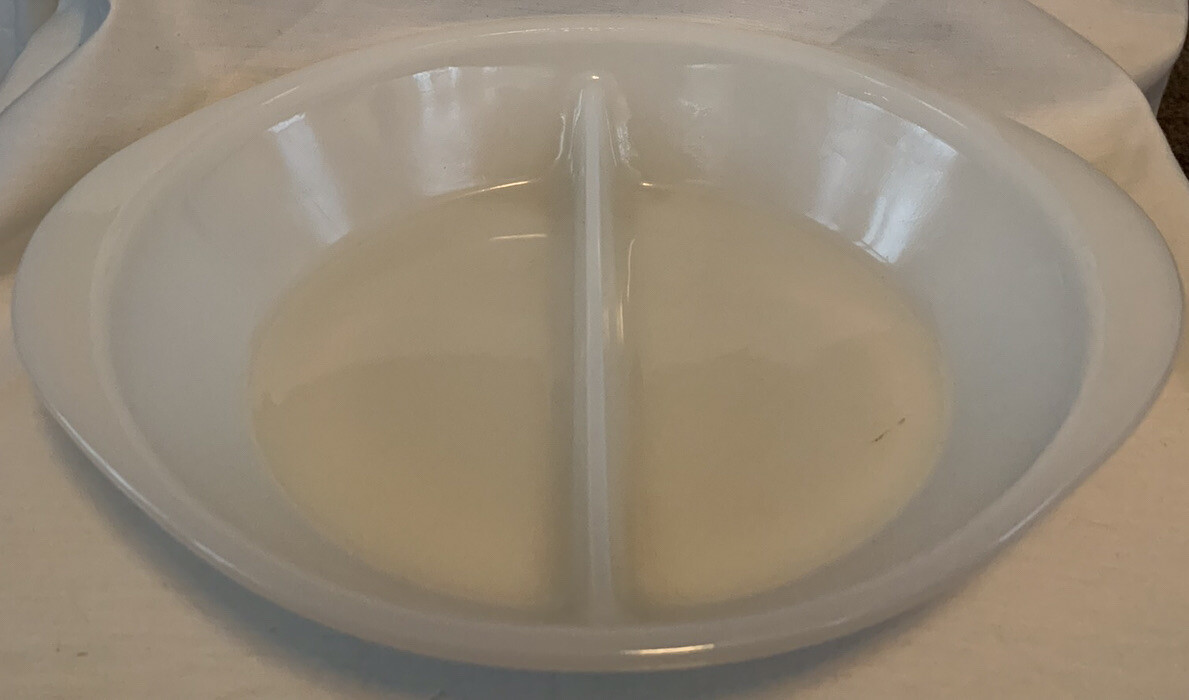 Vintage McKee Glasbake Split Casserole Baking Dish Milk Glass Pebble Bottom