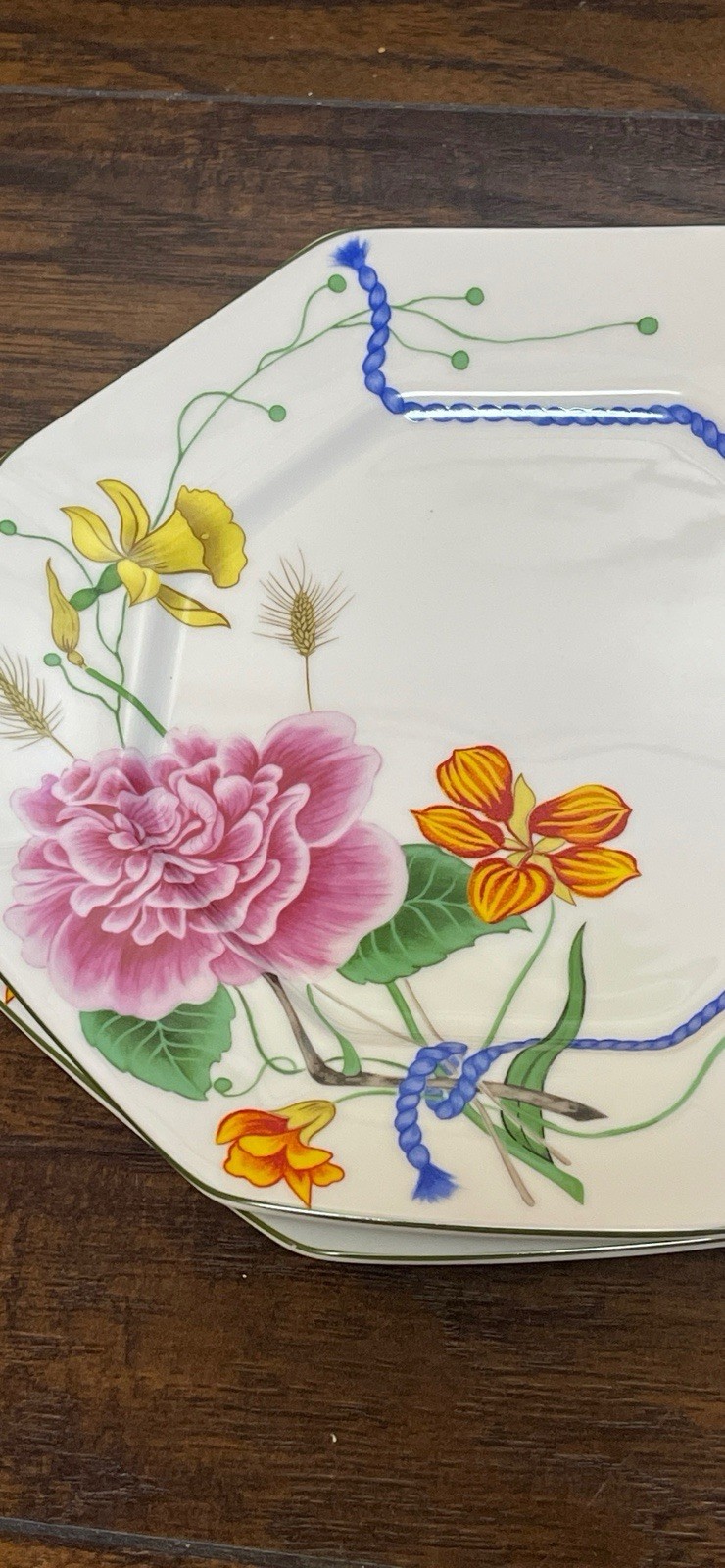 Set Of 2 Lynn Chase Flores 10” Dinner Plates W/ Blue Rope Motif,Flowers And Bee