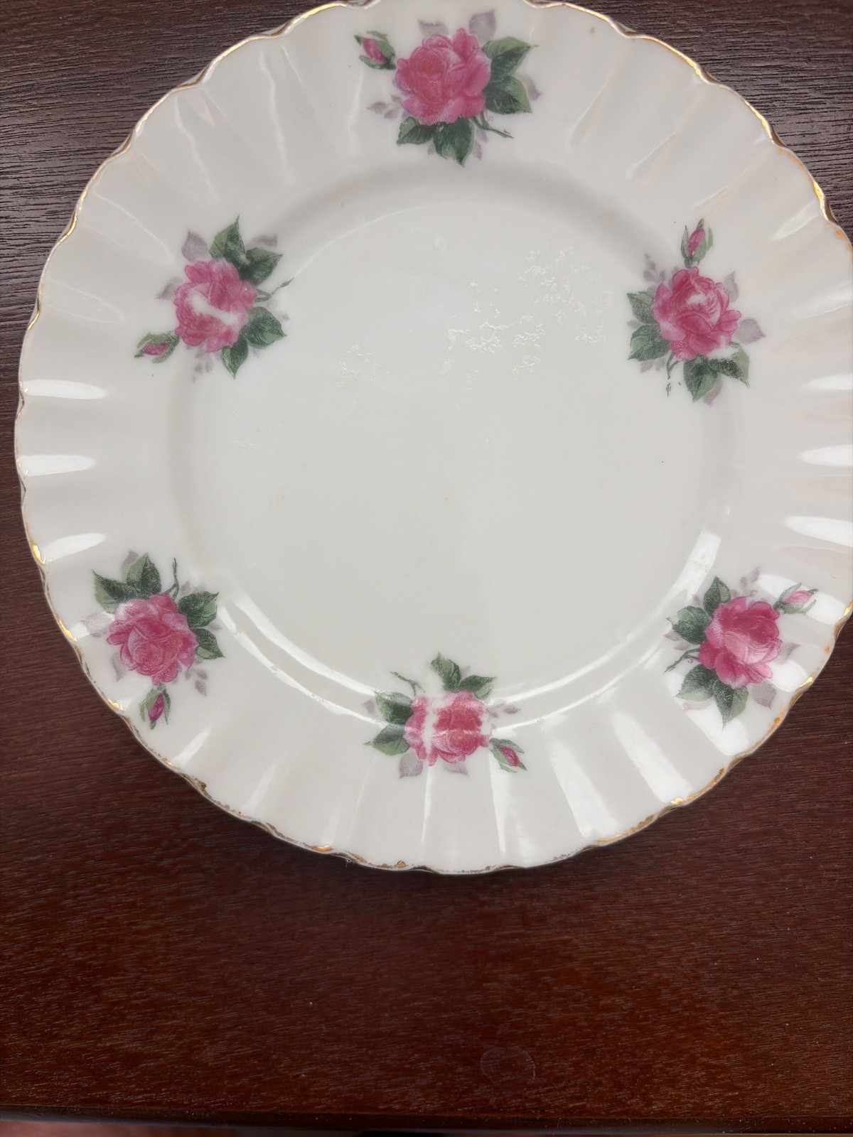 Bond Ware Hand Painted Dessert Plate Pink Roses Gold Fluted 6 1/4 Rim