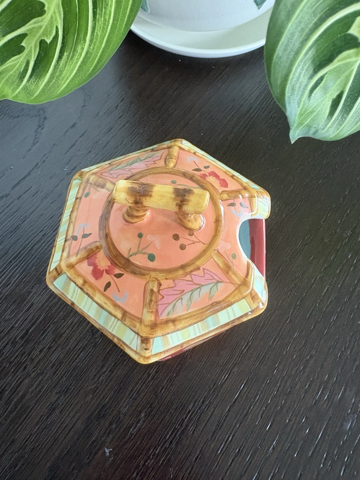 Hand Painted Tracy Porter The Artisan Road Collection Lidded Hexagon Ceramic Jar