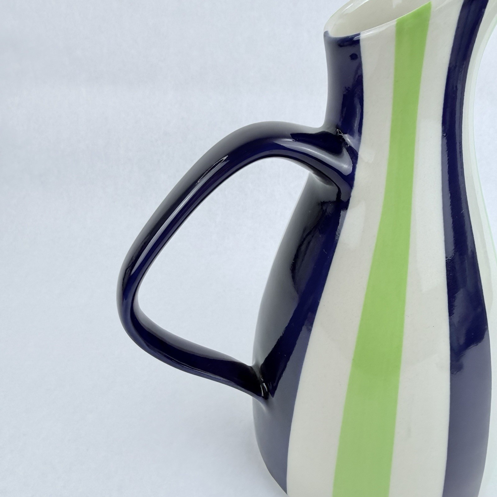 Vintage Jonathan Adler Ceramic Pitcher Pot Porter Green Blue White Stripes 9.5”