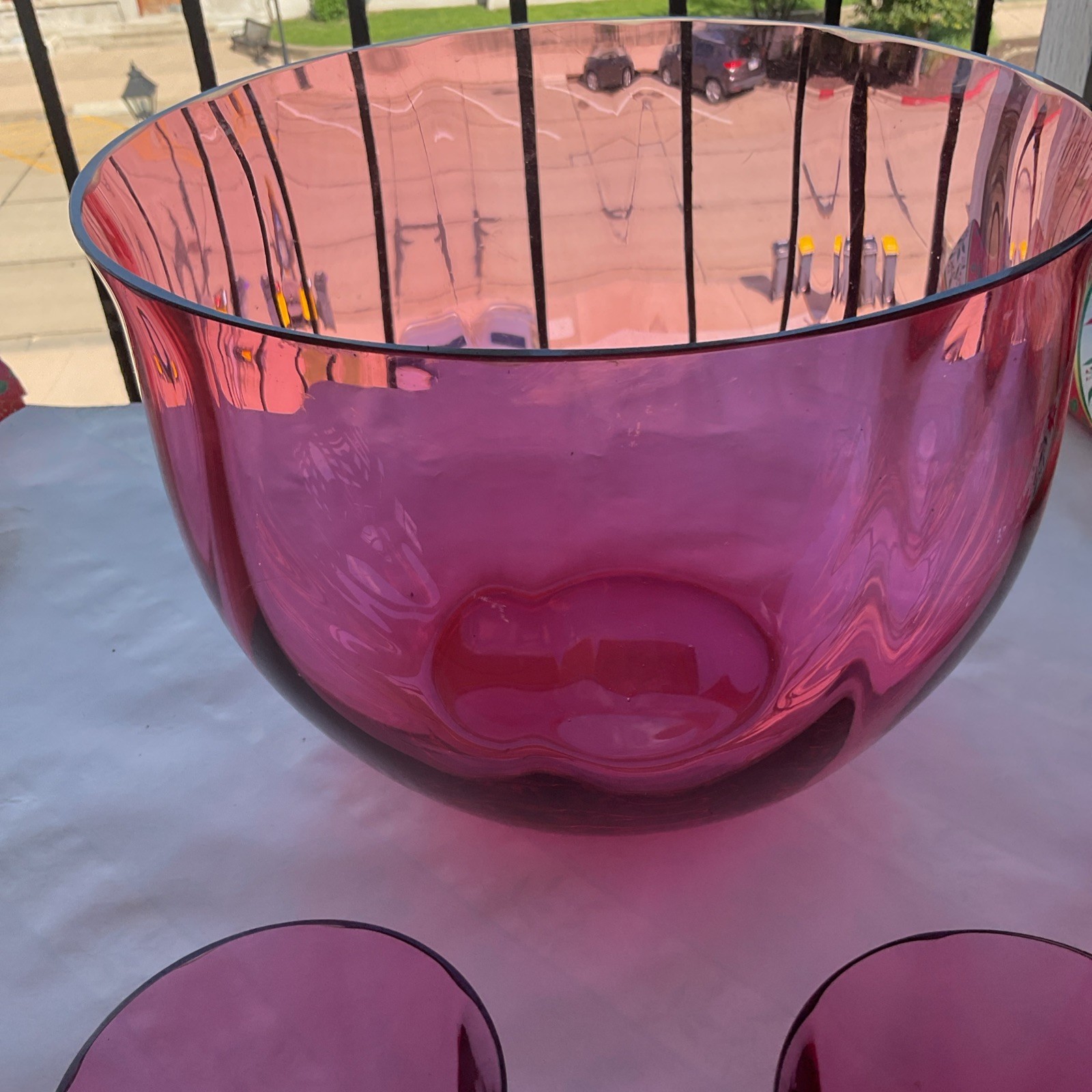 Antique Cranberry Pink Glass Punch Bowl Set w/ 10 Handled Cups Pilgrim Optic
