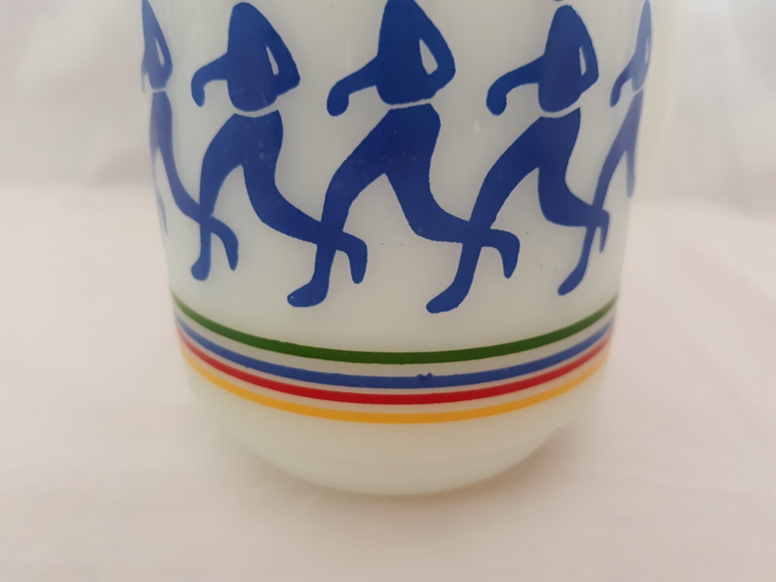 1980 Anchor Hocking FireKing Rainbow Runner Live Love Laugh Play Milk Glass Mug