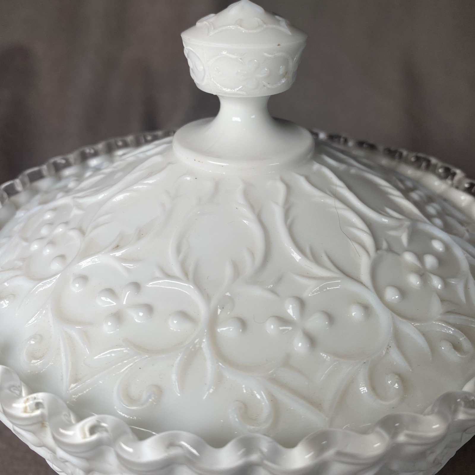 Fenton Milk Glass Silver Crest Spanish Lace Pedestal Candy Server w/ Lid