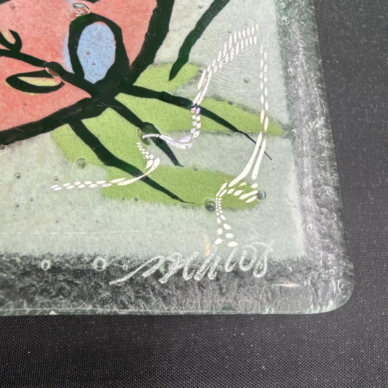 Peggy Karr 10″ Happy Easter Square Plate Fused Art glass signed Cartoon