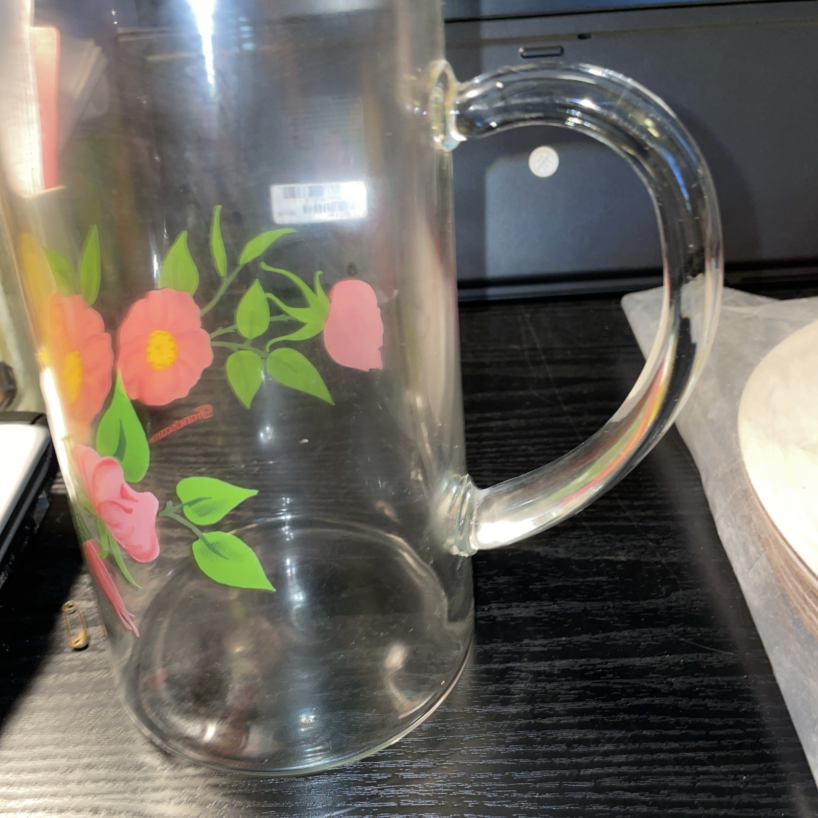 Vintage Franciscan Desert Rose Clear Glass Pink Flower 7.75 in Cocktail Pitcher