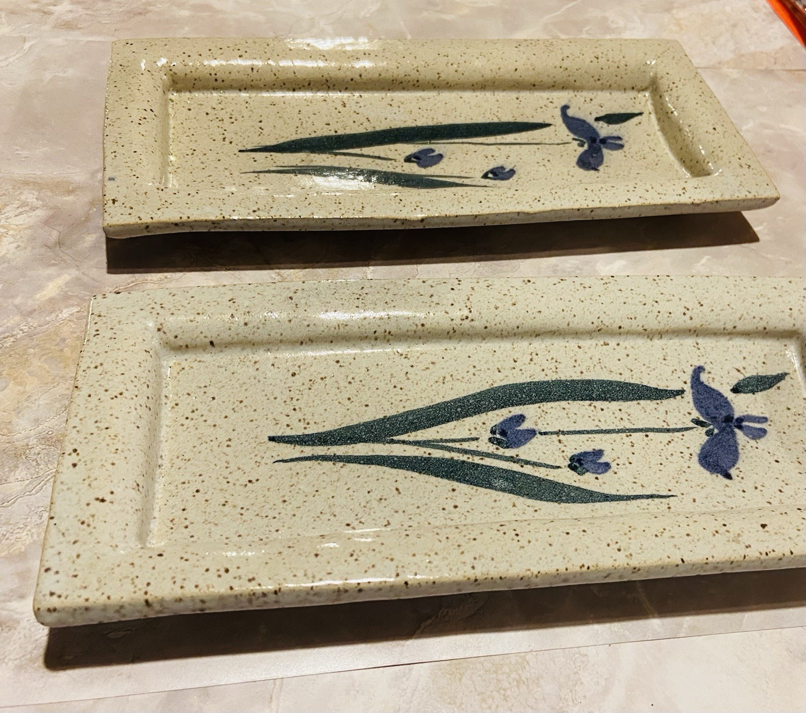 Art Pottery Tray Set Of 2 Speckled Blue Iris Flower Trinket Dish