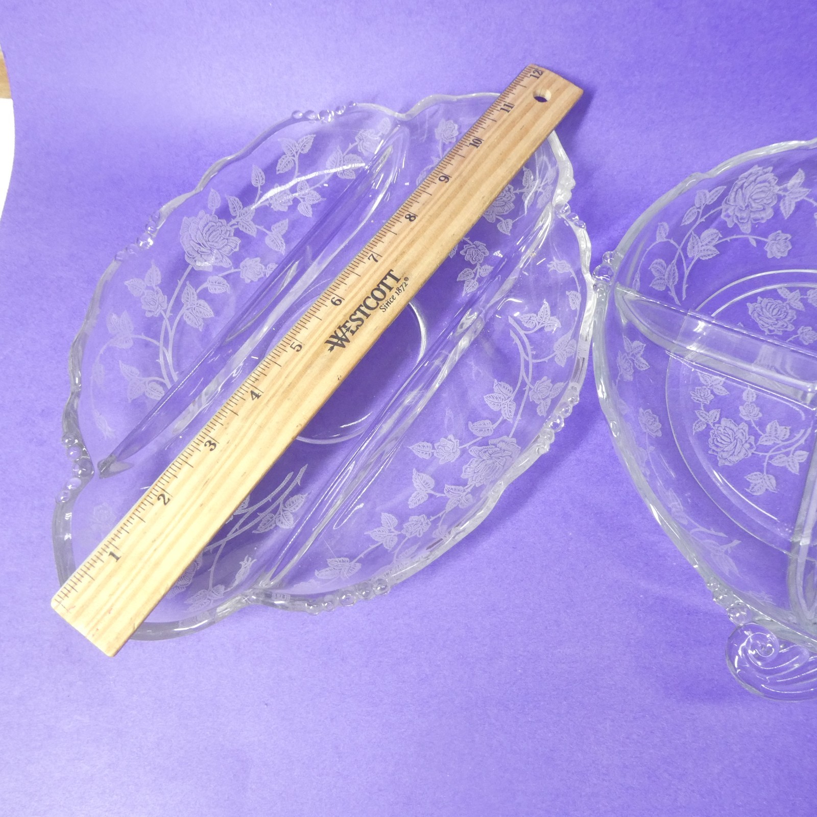 Heisey Rose 2 Divided Dishes Oval Celery & Round Relish Bowl Clear Etched Glass