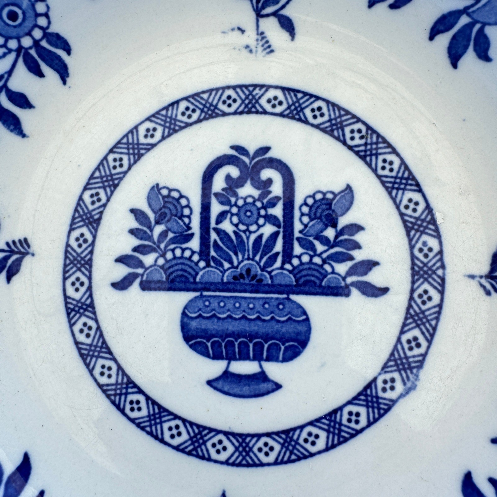 Blue Basket Vintage Ceramic Bowl Unisex OS Blue White Transferware Floral 1980s