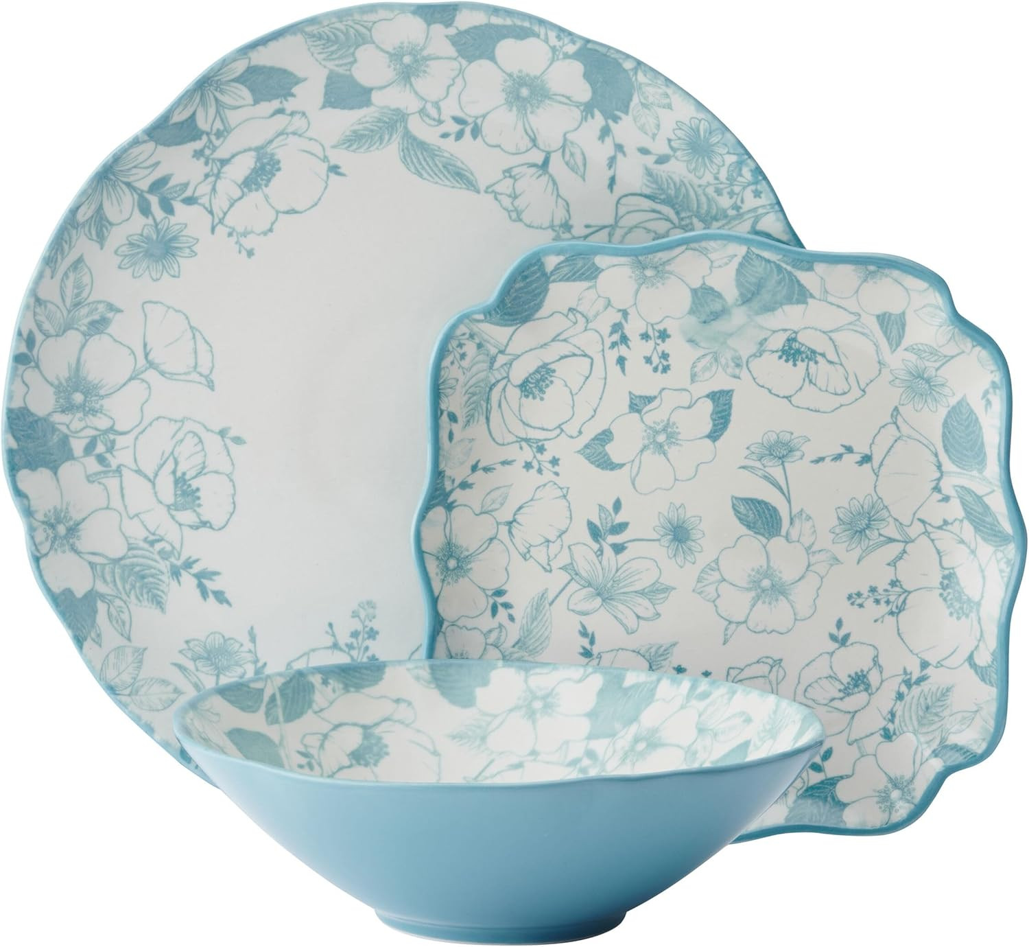 Garden Blossom Floral 12 Piece Plate Bowl Dinnerware Set, Blue