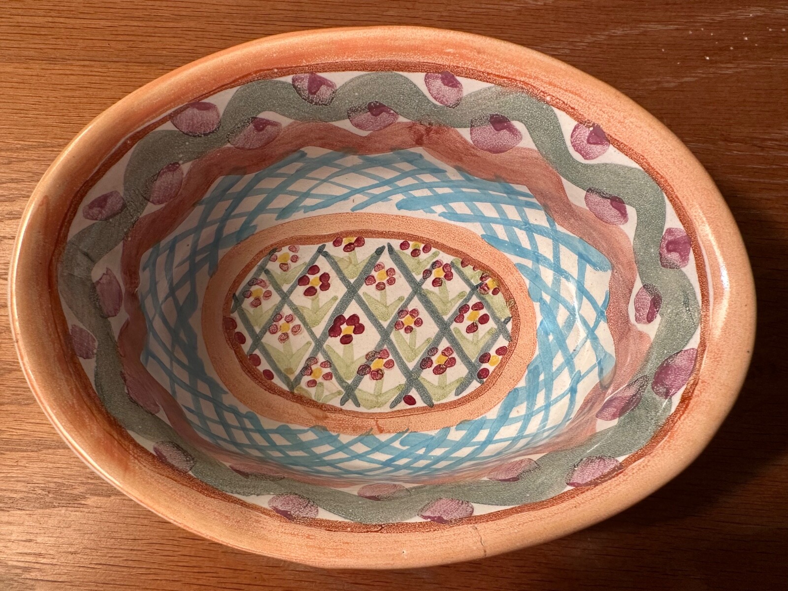 AS IS Vintage Mackenzie Childs Heather Ceramic Open Chowder Bowl 7×3″ Terracotta