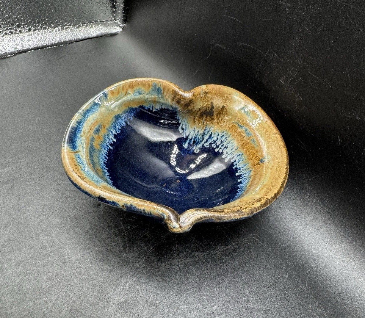 Pigeon River Pottery Heart Shaped Bowl Blue Beige Drip Glaze Signed Ceramic 5.5”