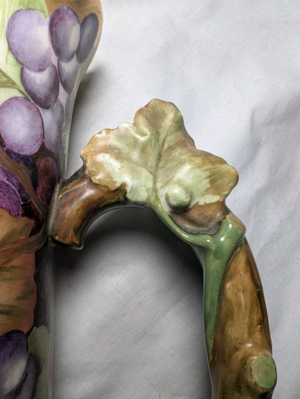 T&V LIMOGES Hand Painted Grapes & Gold Gilt Pitcher 15.5″ Tall Grape Vine Leaves