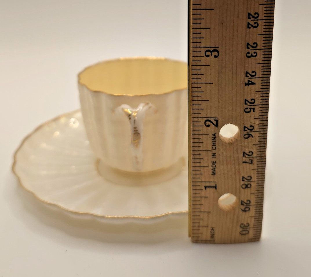 American Belleek Trenton NJ Demitasse Cup Saucer White Lustre Gold Gilt Antique