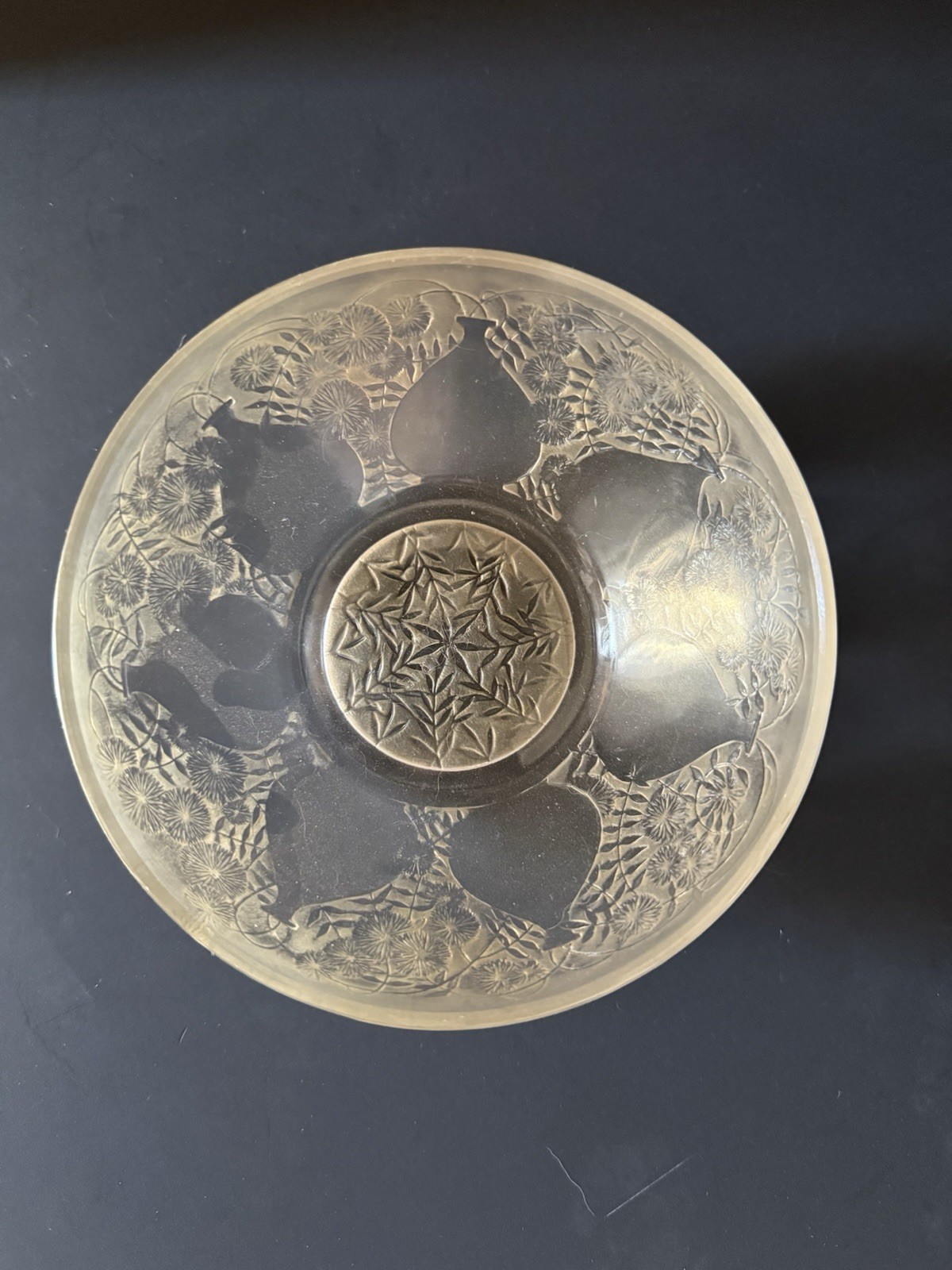René R Lalique France Vases Bowl 5in Art Deco Nouveau Sepia Stain Glass 1927