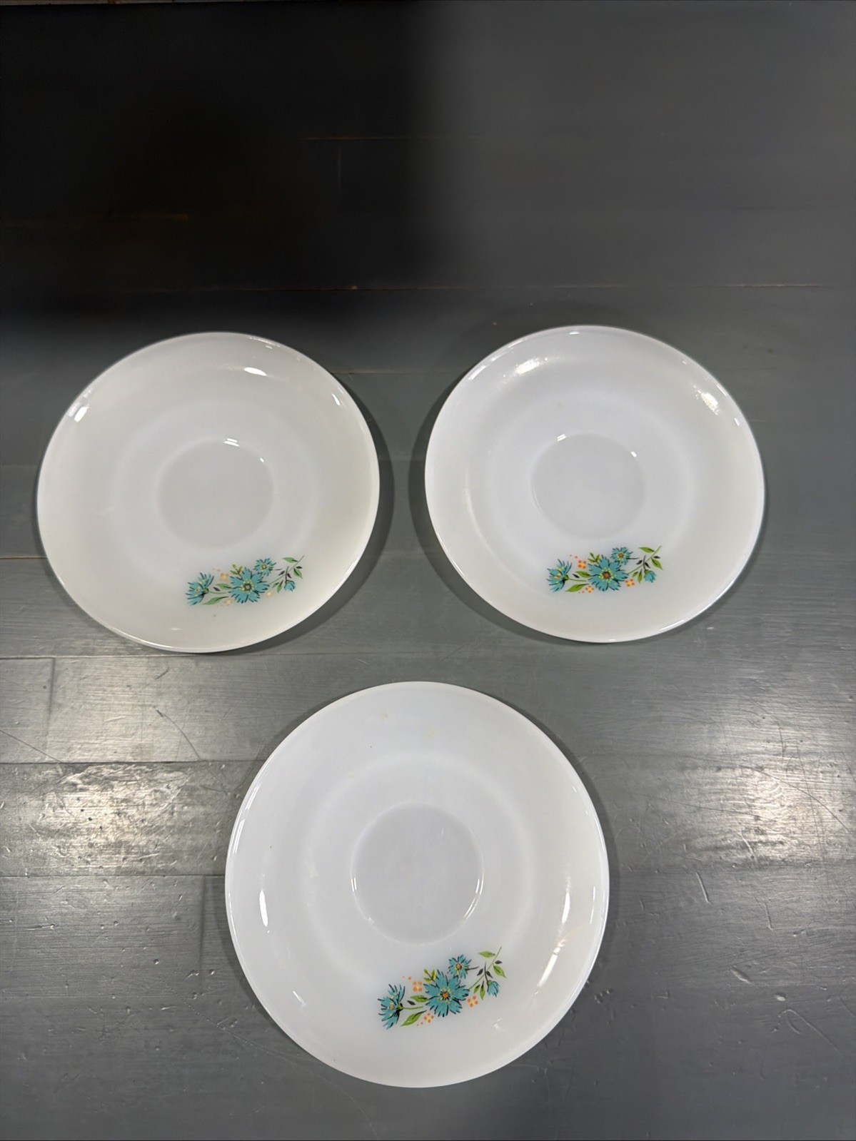 Fire King Milk Glass Saucer White Plate Blue Orange Flowers USA 6″ Lot of 3
