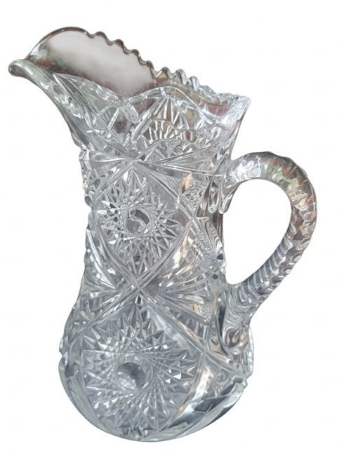 Antique American Brilliant Period ABP Cut Glass Hobstar Floral Water Pitcher 10”