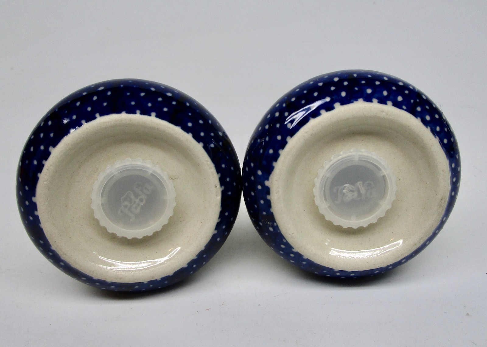 Polish pottery salt & pepper shakers trees green blue winter snowflakes Poland