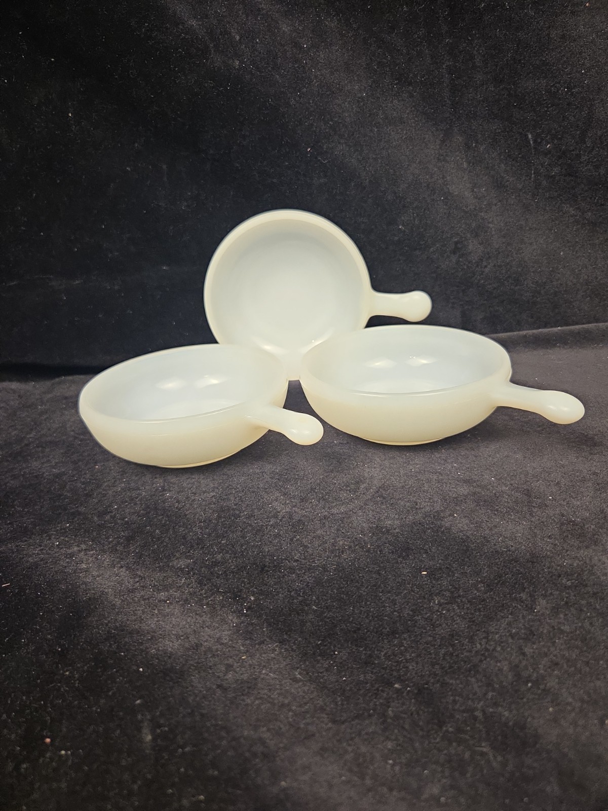 Glasbake Bowls w/ Handles 11 oz. Set of 3 White Milk Glass J2663 USA Vintage