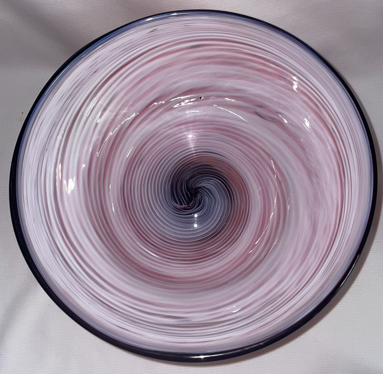 Hand Blown Pink Swirl Pattern Bowl W/ Black Base & Rim10 1/2 Inches Wide