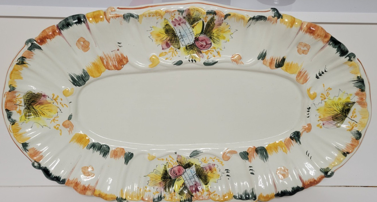25 INCH BEIGE HANDPAINTED CERAMIC OVERSIZED OVAL SERVING PLATTER 7 POUNDS