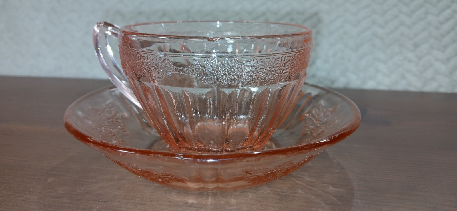 Federal Sharon Pink – 3 in Cup & 5 in Saucer – Depression Era – Cabbage Rose