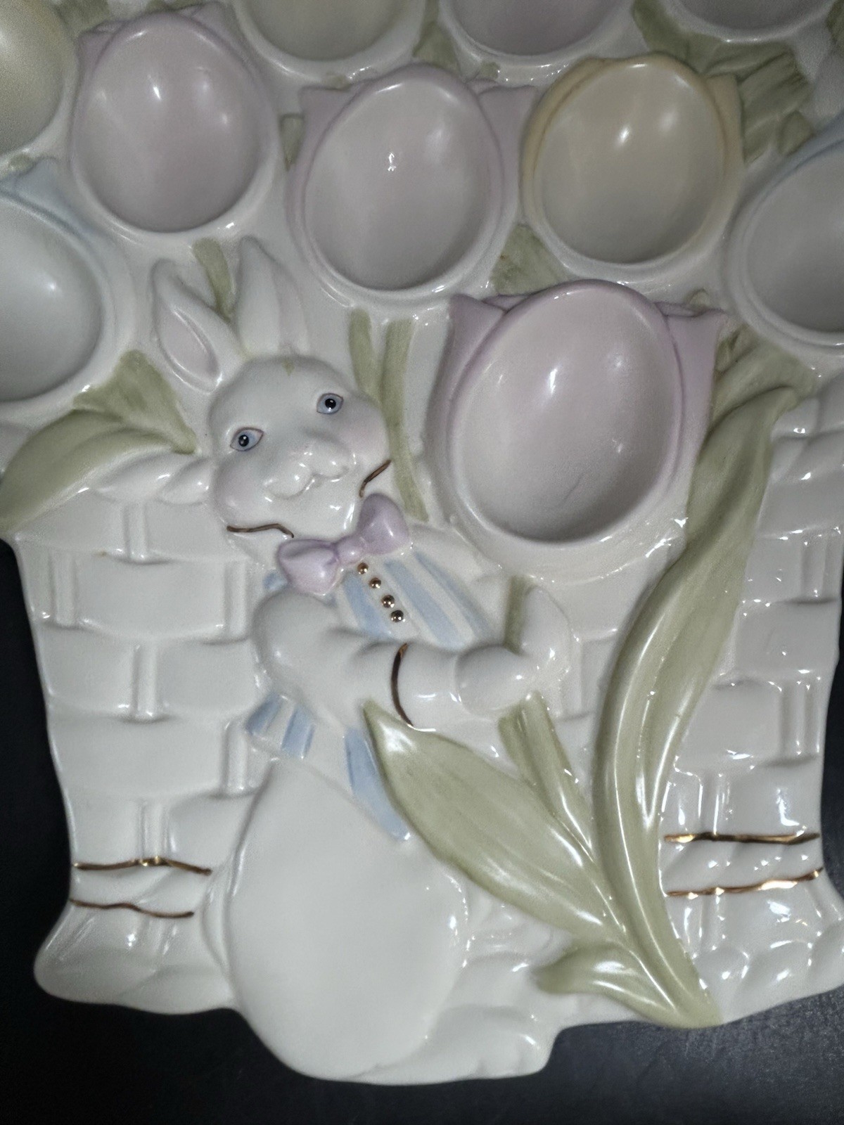 Lenox Tulip Basket Deviled Egg Porcelain Plate Easter Bunny Pastels 12″x10″ EUC